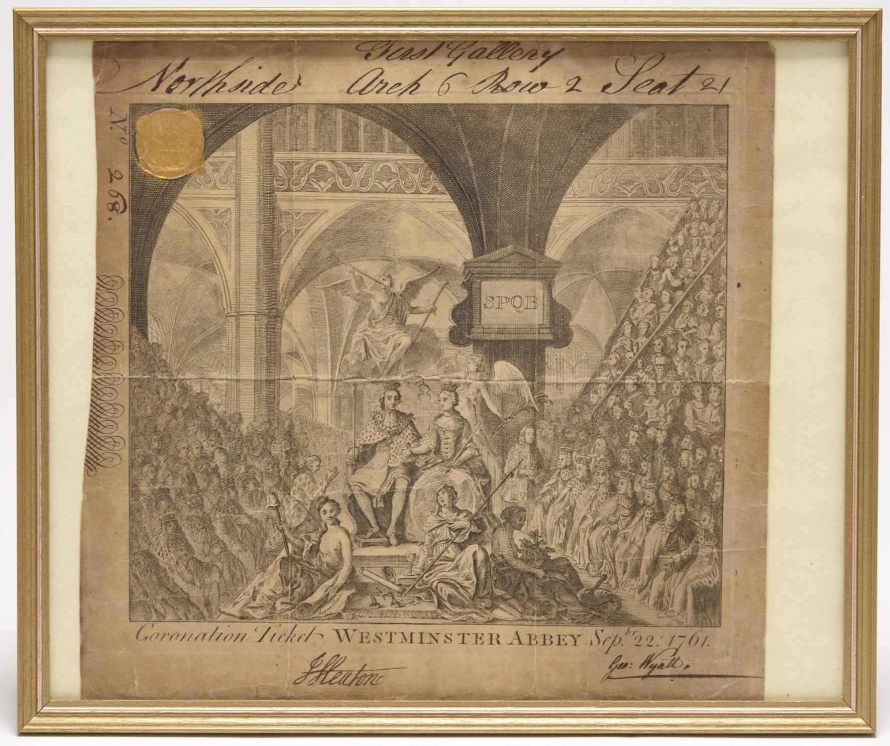 TICKET FOR THE CORONATION OF GEORGE III in Westminster Abbey on September 22nd 1761 Halls Fine Art Shrewsbury