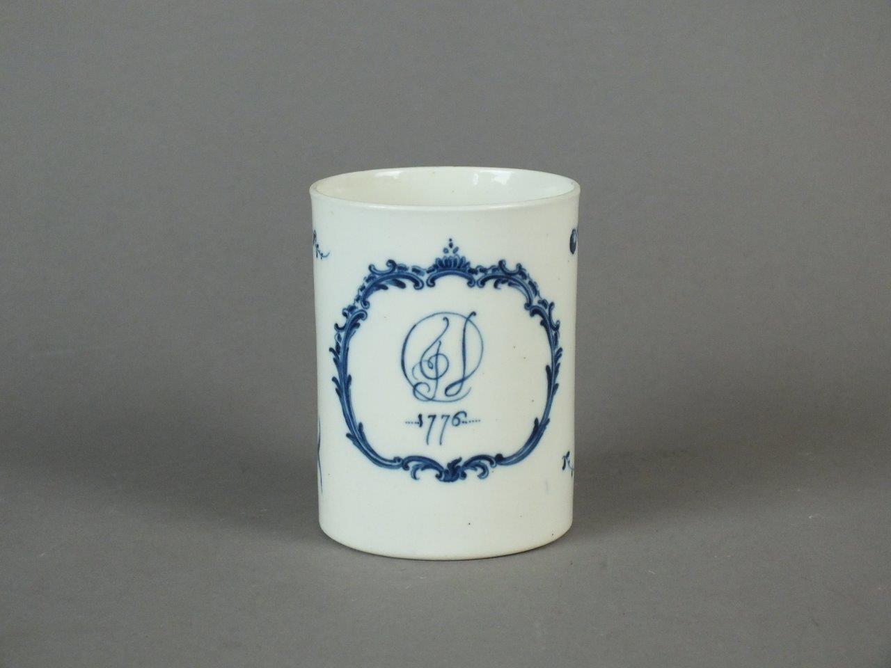 Lot 178 (The Autumn Auction, 16th September 2020)  A rare and early Caughley monogrammed and dated mug A rare and early Caughley monogrammed mug dated 1776 painted in blue with fruit sprays, an elaborate scroll cartouche enclosing a musical treble clef and the initials 'CD', crescent with serif mark, 8.5cm high  Hitherto unrecorded, this mug forms part of a small collection of pieces dated 1776, which is the earliest known date to be inscribed on Caughley. A similar example sold at these rooms as part of Maurice Wright's Collection in April 2017 and the painted date on both mugs can be attributed to the same hand.  Sold for £3,600