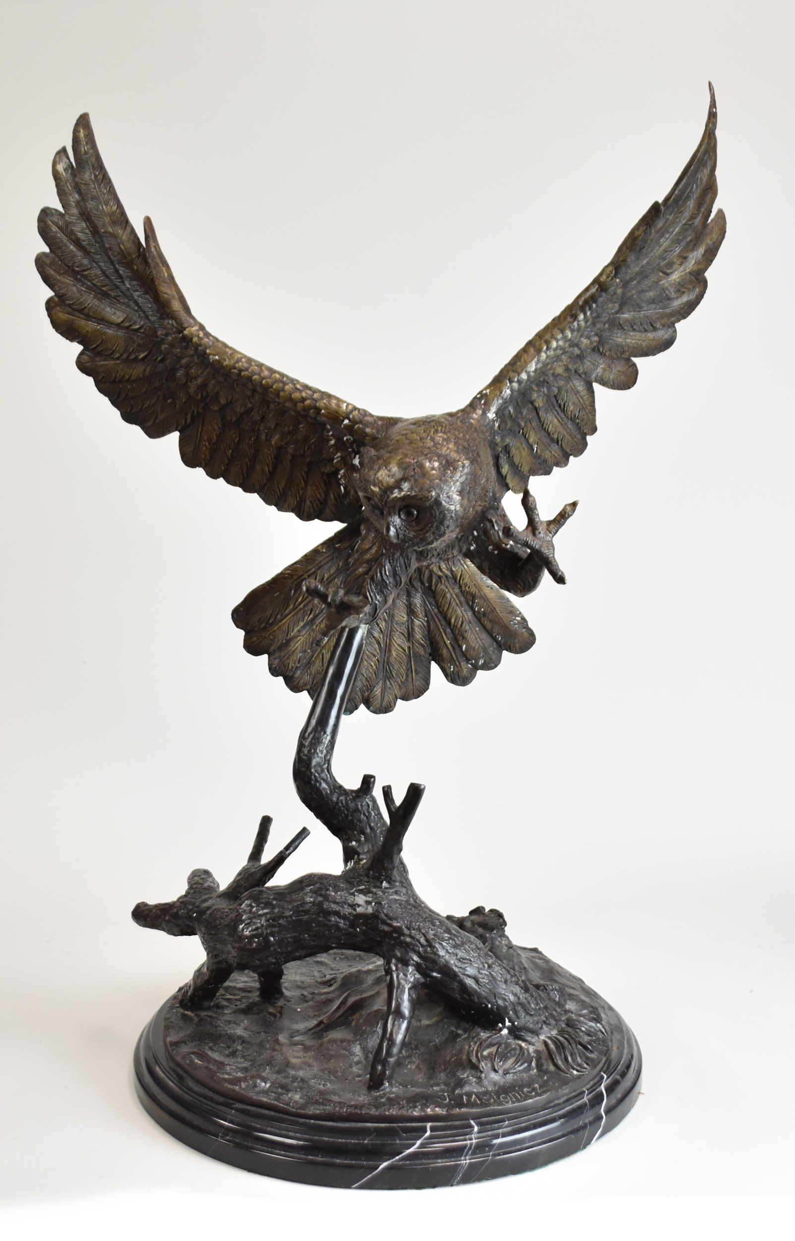 After Jules Moigniez, Great Horned Owl, first half 20th century, a very large bronze figure of an owl 