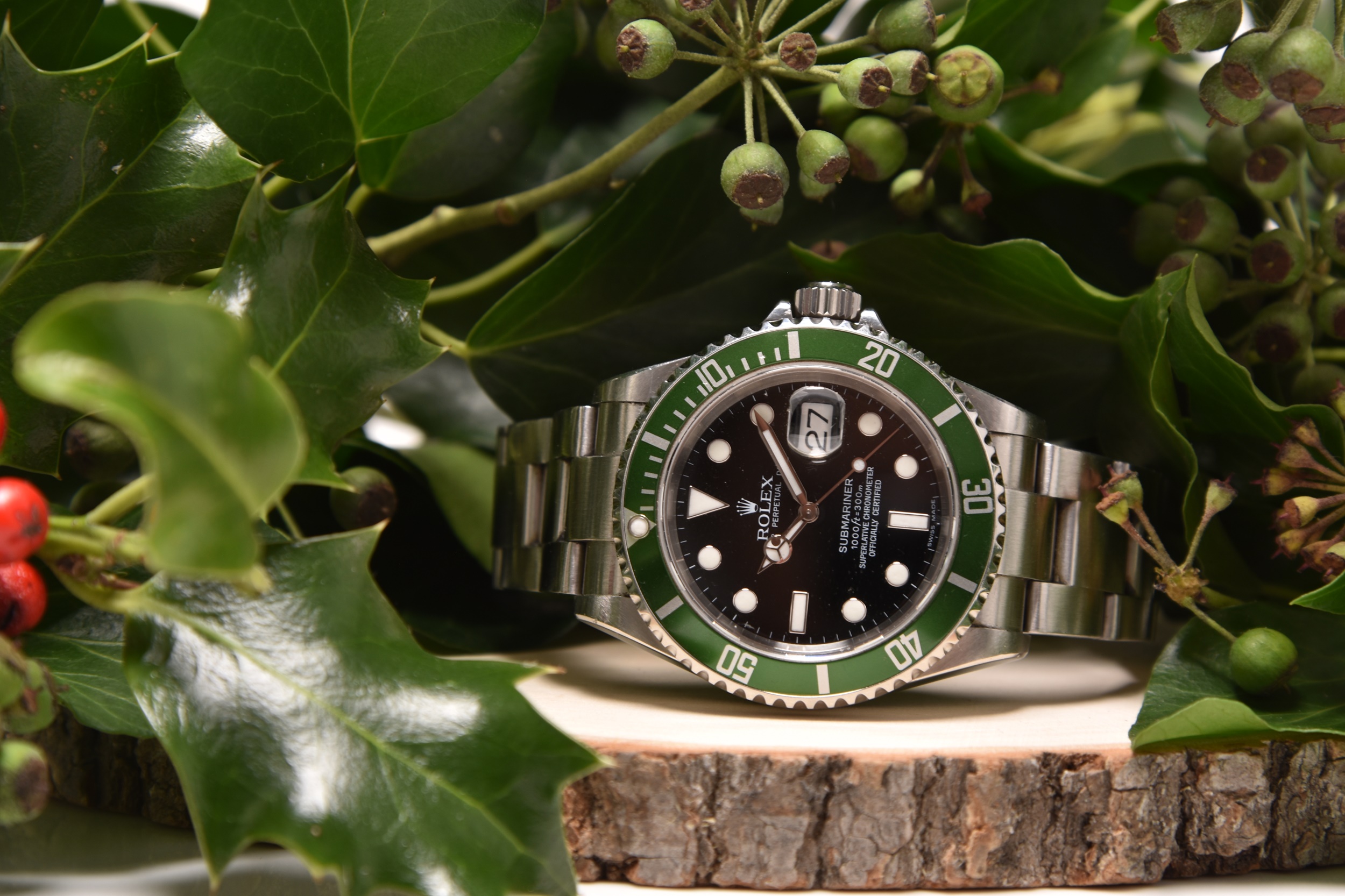 The Rolex Submariner Kermit Flat 4 bracelet watch valued at up to £15,000. Halls Fine Art December Shrewsbury