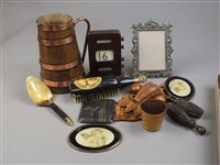 Lot 238 - A box containing a coopered jug, desk...
