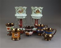 Lot 170 - A pair of Victorian table lustres, white with...