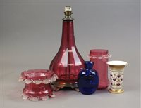 Lot 183 - A cranberry glass table lamp base with faceted...