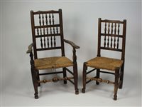 Lot 38 - A harlequin set of eight (6+2) rush seat ash...