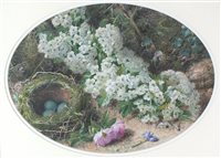 Lot 349 - Charles Henry Slater, still life of flowers and a nest of eggs beside a mossy bank