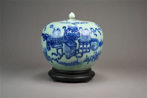 Lot 20 - A Chinese Celadon Blue and White Ginger Jar and Cover