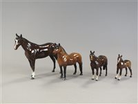 Lot 104 - Four Beswick brown glass horses plus decanter with three glasses