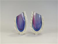 Lot 124 - A pair of Swedish amethyst and blue vases with latticino detail