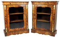 Lot 278 - A pair of Victorian walnut and foliate inlaid and gilt metal mounted side cabinets