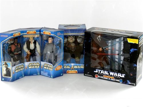Lot 217 - Star Wars 12" / 30cm boxed figures; Kenner Obi-Wan Kenobi and Darth Vader Electronic sound effects combat pair with illuminating light sabres