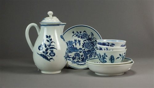 Lot 73 - Three Worcester blue and white teabowls together with a Worcester milk jug and cover