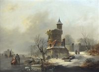 Lot 379 - Pieter Hendrik Lodewyk Jonxis (Dutch school, 19th century), Frozen lake scene, oil on canvas