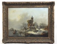 Lot 379 - Pieter Hendrik Lodewyk Jonxis (Dutch school, 19th century), Frozen lake scene, oil on canvas