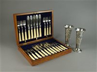 Lot 34 - A pair of silver vases and a cased set of fish knives and forks