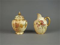 Lot 124 - A Royal Worcester blush ivory jug and rose jar with covers