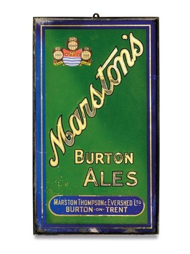 Lot 174 - A glass and painted metal advertising sign for Marston's Burton Ales