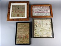 Lot 146 - Four various coloured wool work alphabet samplers for Jemima Macmillan