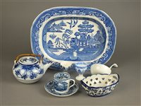 Lot 182 - Collection of 19th/20th century blue and white earthenware, pierced chestnut basket and Delftware