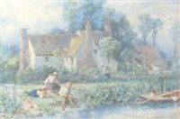 Lot 437 - Attributed to Myles Birket Foster RWS (1842-1897), Children fishing on a river bank