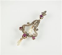 Lot 144 - A late 19th century diamond, ruby and blister pearl pendant