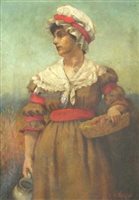 Lot 454 - Attributed to George Hall Neale (1863-1940),  Young country lady, bears signature lower right, dated '84, oil on canvas