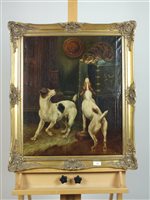 Lot 218 - Chas Dudley, Dogs chasing a cat, oil on canvas