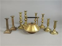 Lot 232 - Tray containing a selection of brass candle sticks