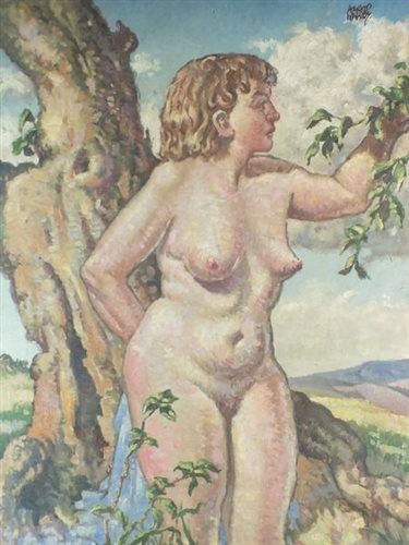 Lot 470 - Harold Walsby, Eve picking an apple, signed top right, oil on canvas