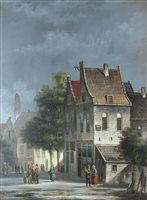 Lot 420 - Richard Vojnits, Figures on a Dutch street, oil on panel