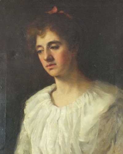 Lot 362 - Edwardian School, circa 1900, Portrait of a young lady, half length wearing a white blouse and red ribbon n her hair, oil on canvas