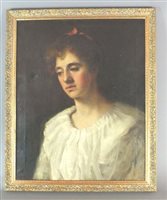 Lot 362 - Edwardian School, circa 1900, Portrait of a young lady, half length wearing a white blouse and red ribbon n her hair, oil on canvas
