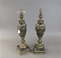 Lot 443 - Pair of reproduction cast metal and composite stone table lamps