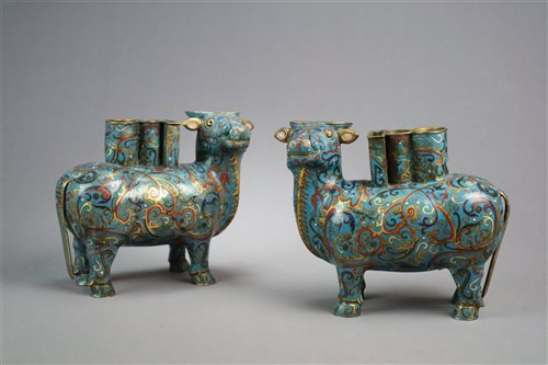 Lot 232 - A pair of Chinese cloisonné buffalo vessels