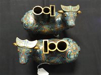 Lot 232 - A pair of Chinese cloisonné buffalo vessels
