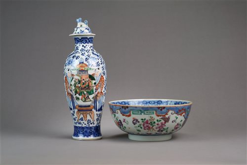 Lot 44 - A Chinese Enamelled Blue and White Vase and a Bowl