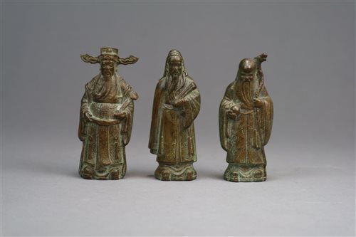 Lot 115 - Three Chinese bronze figures of Fu, Lu and Shou