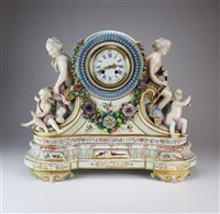 Lot 682 - A large and ornate French porcelain mantel clock