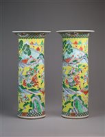 Lot 69 - A Pair of Chinese Famille Jaune Style Sleeve Vases