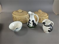 Lot 168 - Two 19th century caneware game pie dishes, a Louis Wain jug, a Caughley bowl and further ceramics