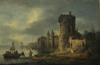 Lot 336 - Manner of  Jan Van Goyen (1596-1656), Figures and boats off a Dutch walled town