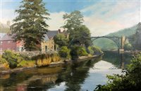 Lot 358 - J Currie (20th century), Ironbridge, oil on canvas