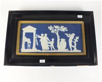 Lot 67 - Wedgwood style blue and white Jasperware plaque, framed
