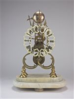 Lot 211 - Skeleton clock on marble stand with glass dome