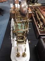 Lot 211 - Skeleton clock on marble stand with glass dome