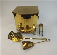 Lot 140 - An Edwardian brass coal bin and associated fire tools