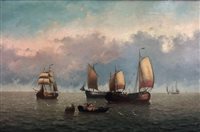 Lot 370 - Large oil painting on canvas by T. Lampert "Dutch fishing boats at anchor"