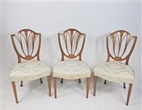 Lot 595 - Six Adam revival satinwood and inlaid shield back dining chairs