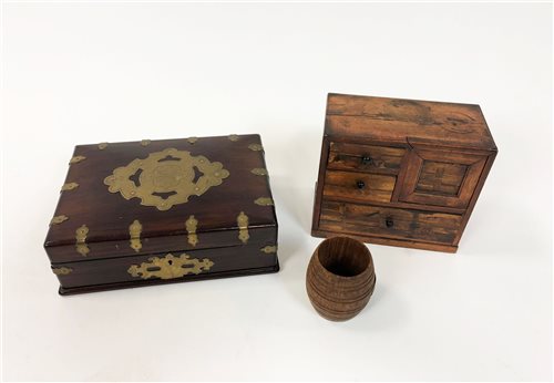 Lot 135 - A Victorian rosewood and brass strap bound jewellery box (3)