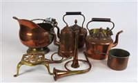 Lot 134 - A collection of copper and brassware including: jam pan, kettles, skillets, bed warmer, trivet etc