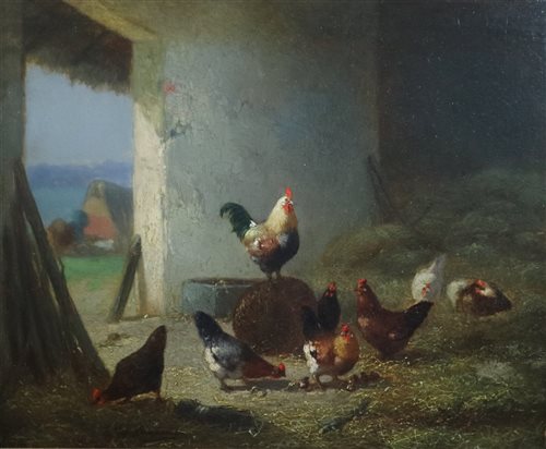 Lot 115 - Cornelius Van Leemputten, Hens in a barn, oil on panel